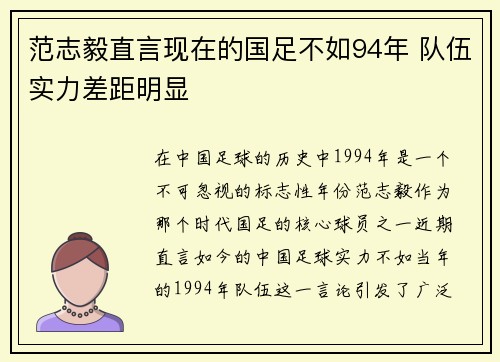 范志毅直言现在的国足不如94年 队伍实力差距明显